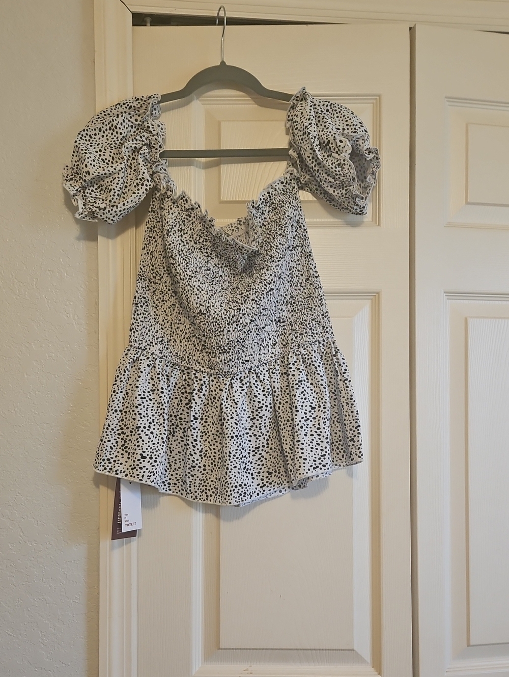 Black Spot Print Puff Sleeve Peplum Tunic - White/Black